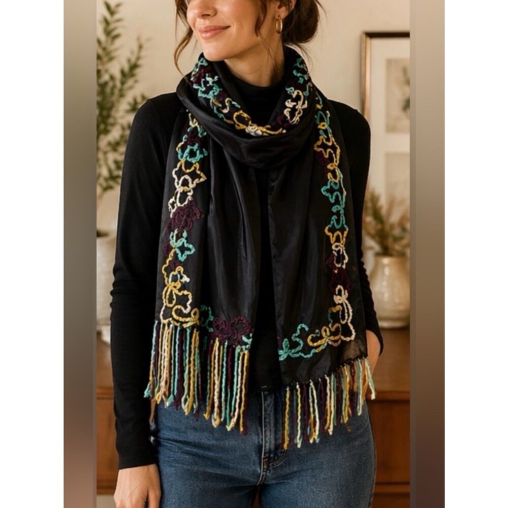 Vintage Lancetti Italian Embroidered Fringe Scarf Black Multi Wool Blend